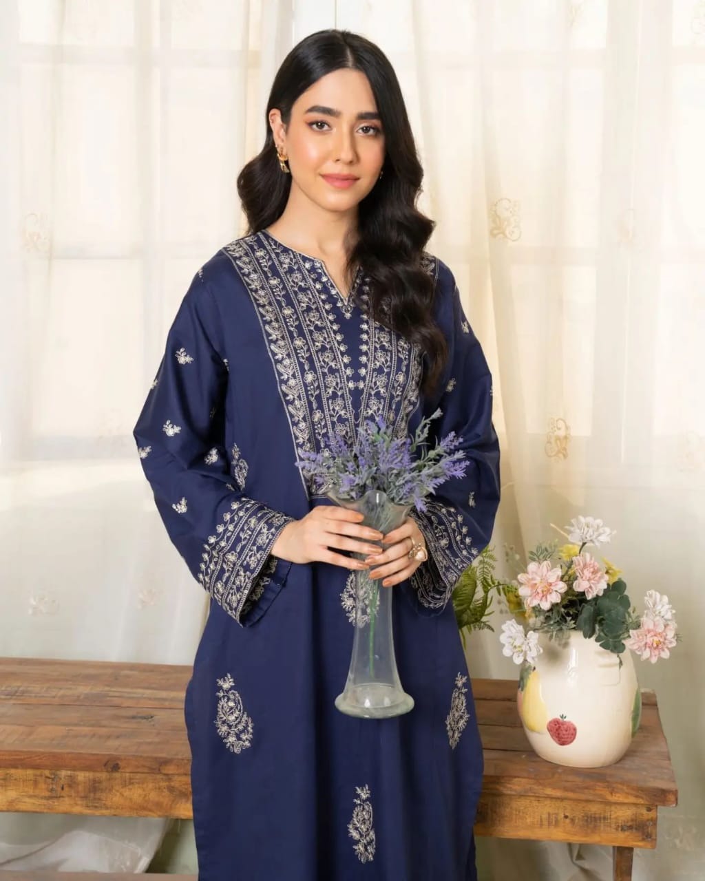 Dezal Embroidered 2-Piece Long Dress – Premium China Lawn