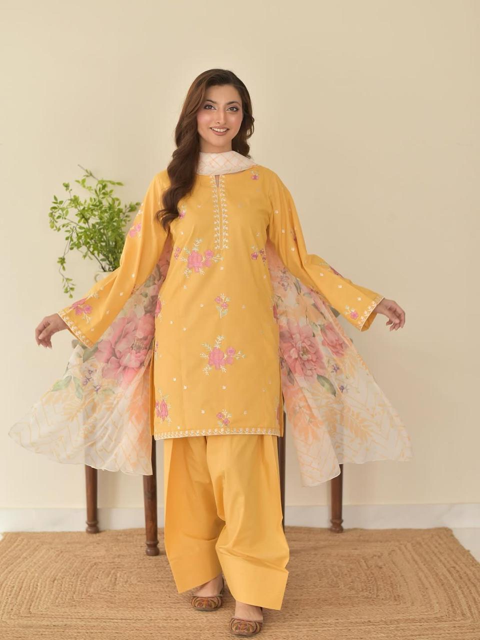 Sunaina – Fully Embroidered 3-Piece Suit with Farshi Shalwar (Stitched)